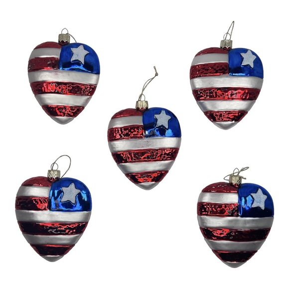 Vintage 5 Blown Glass American Flag Single Star Heart Ornaments READ DESCRIPTION - Picture 6 of 12